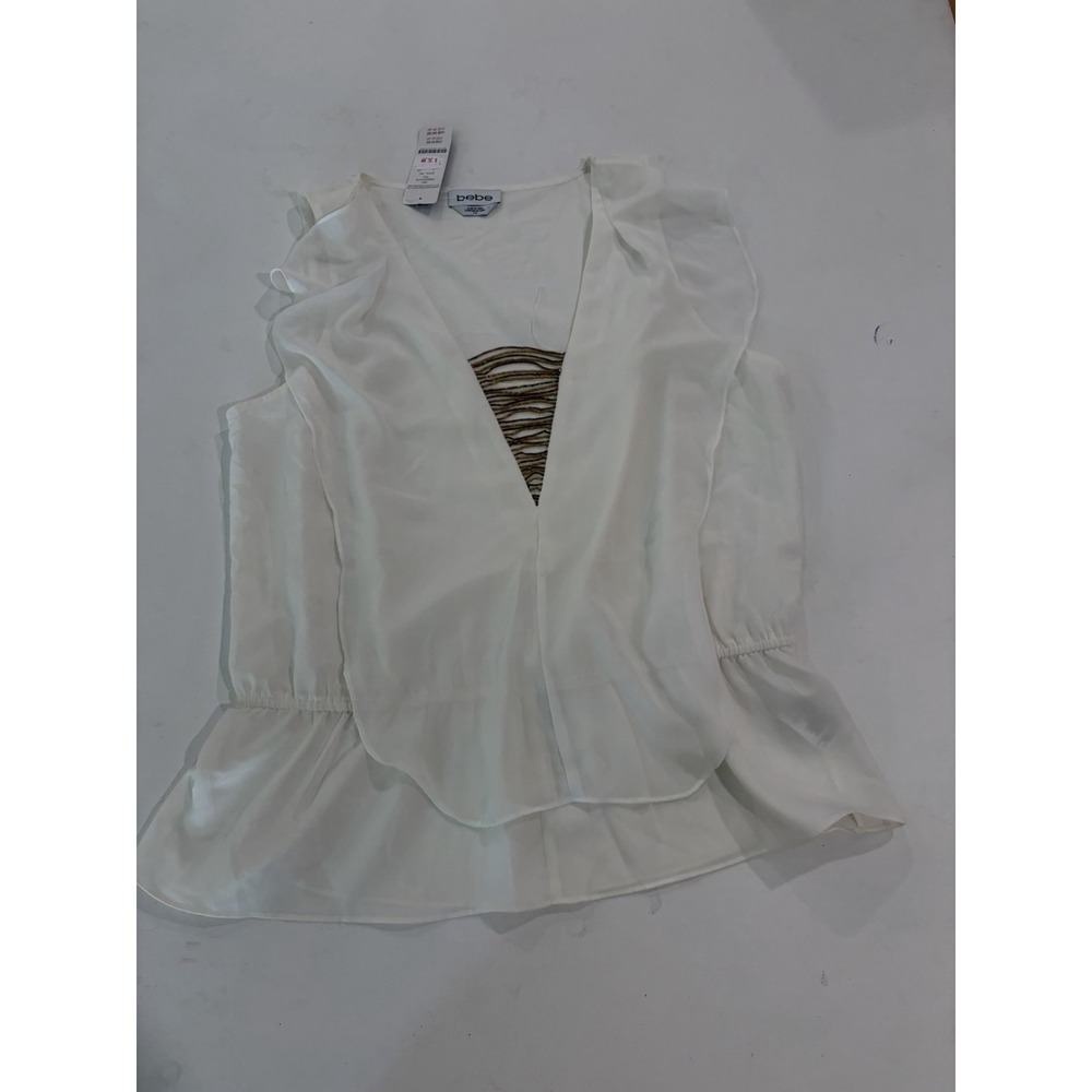 Bebe Women White Draped Bead Fringe Ruffle Tank Top Size L NWT 60MQ0201U174